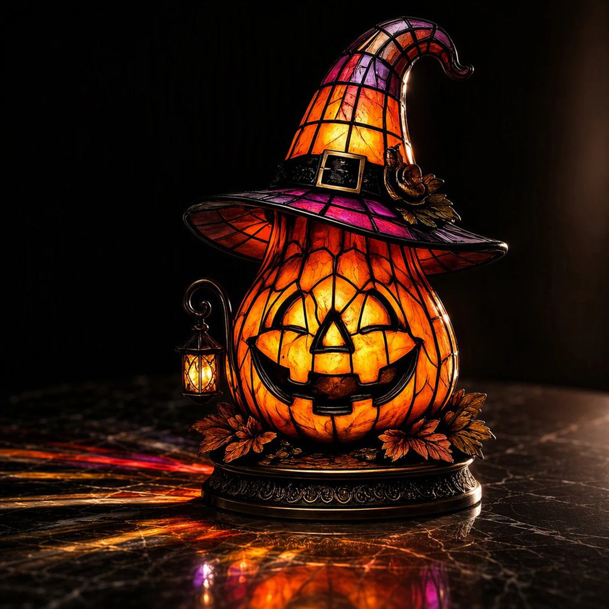 Witch hat pumpkin LED table lamp in stained glass style