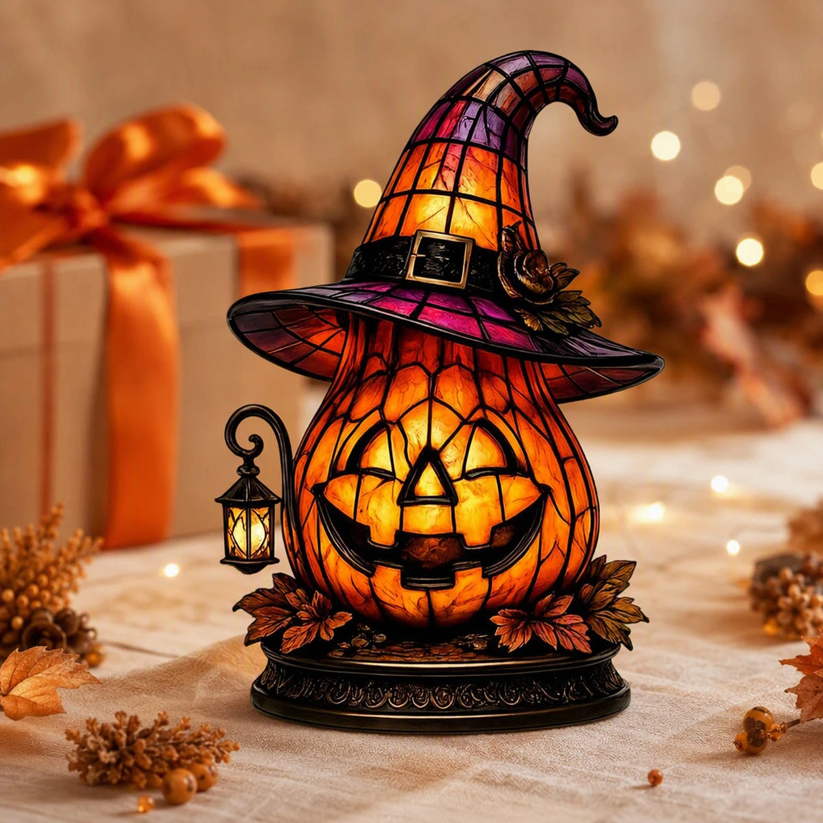 Witchy table lamp styled on an office shelf