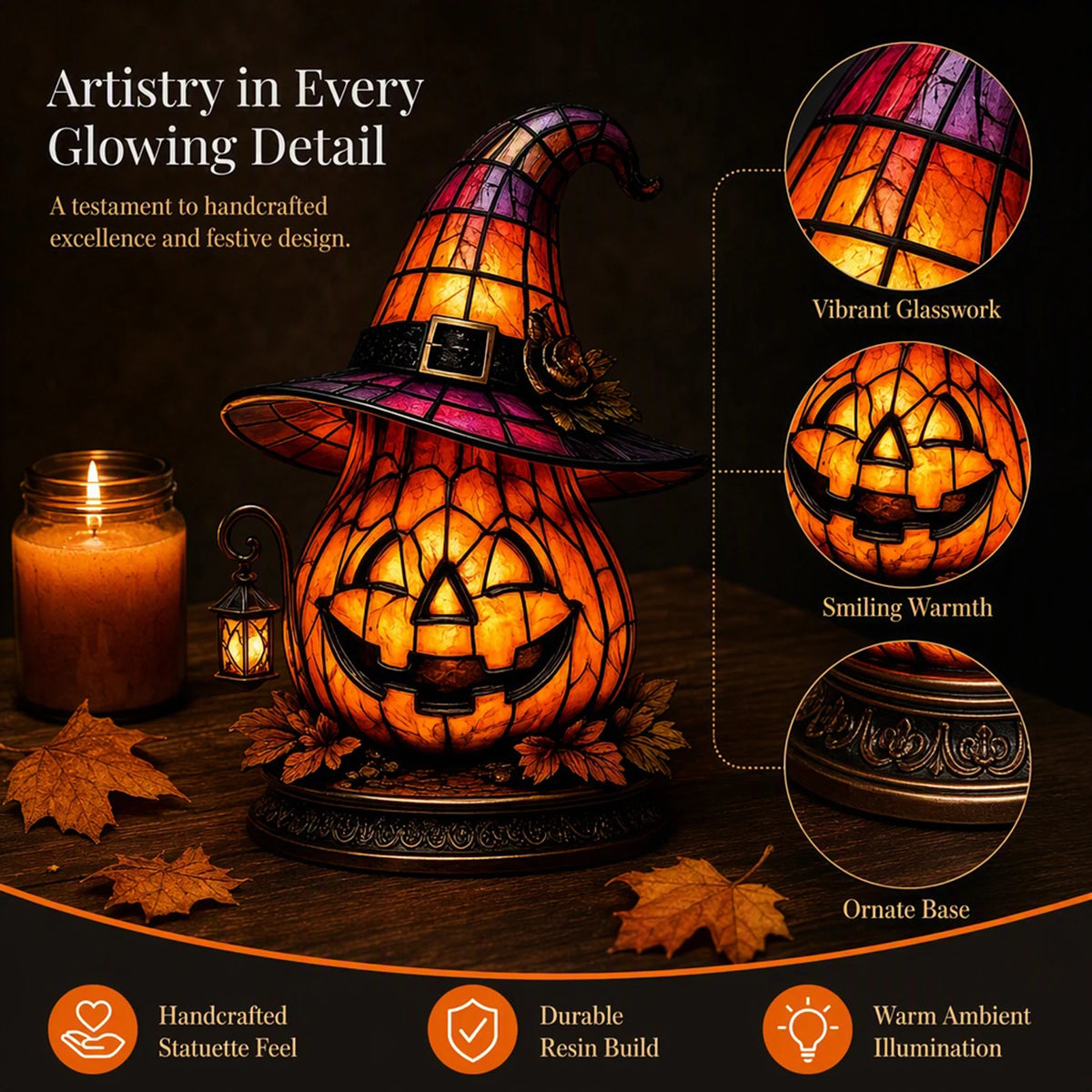 Witch hat detail on the resin pumpkin table lamp