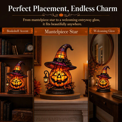 Close-up of the stained glass style panelling on the pumpkin lamp