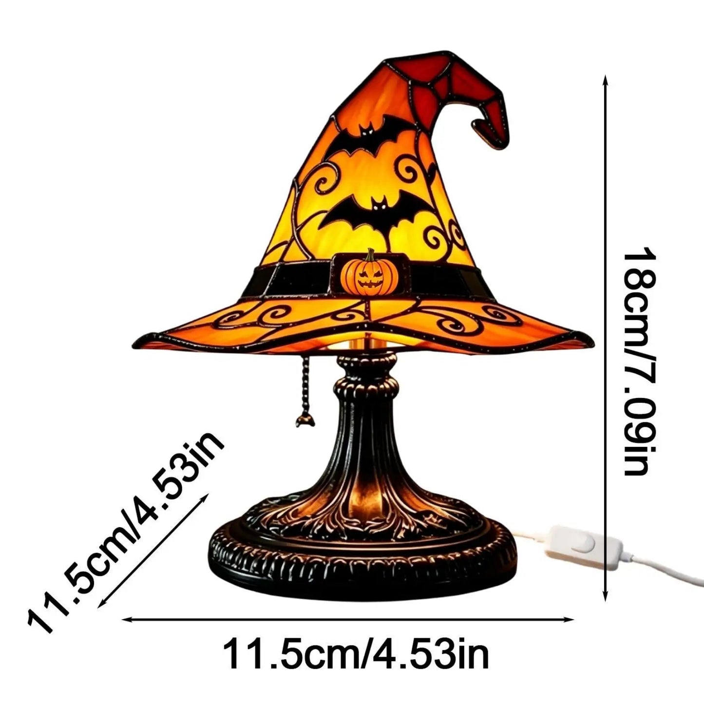 Witch hat table lamp size chart 18cm height 11.5cm width