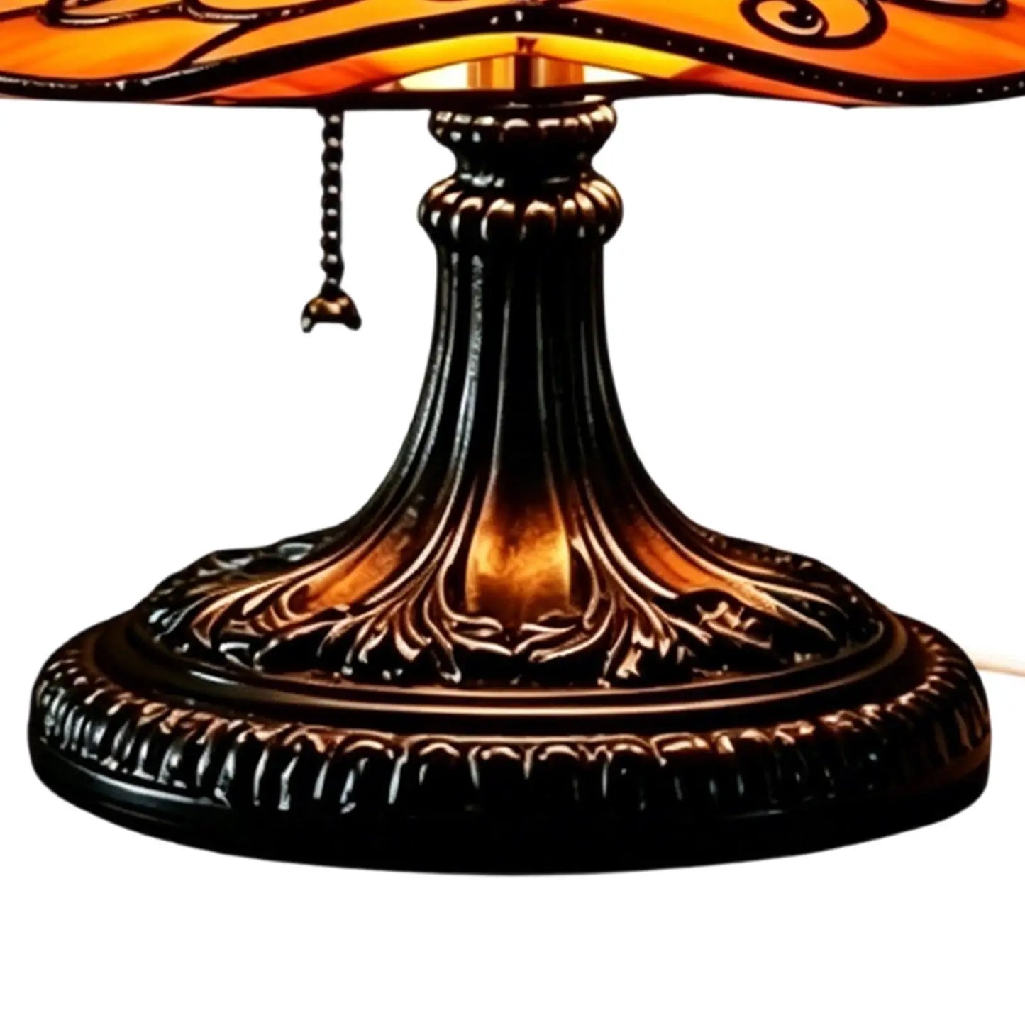 Witch hat table lamp ornate resin base with pull chain switch close-up