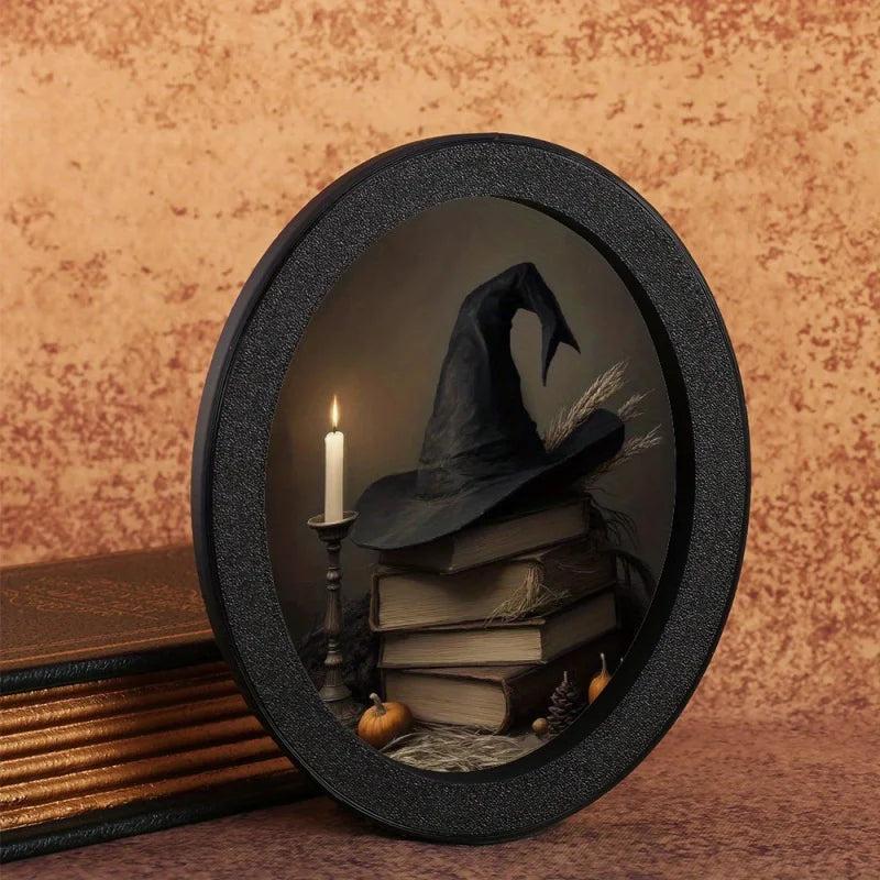 Witch Hat and Spell Books Wooden Oval Frame - Gothic Oval Wall Art - Halloween Wall Decoration-MoonChildWorld