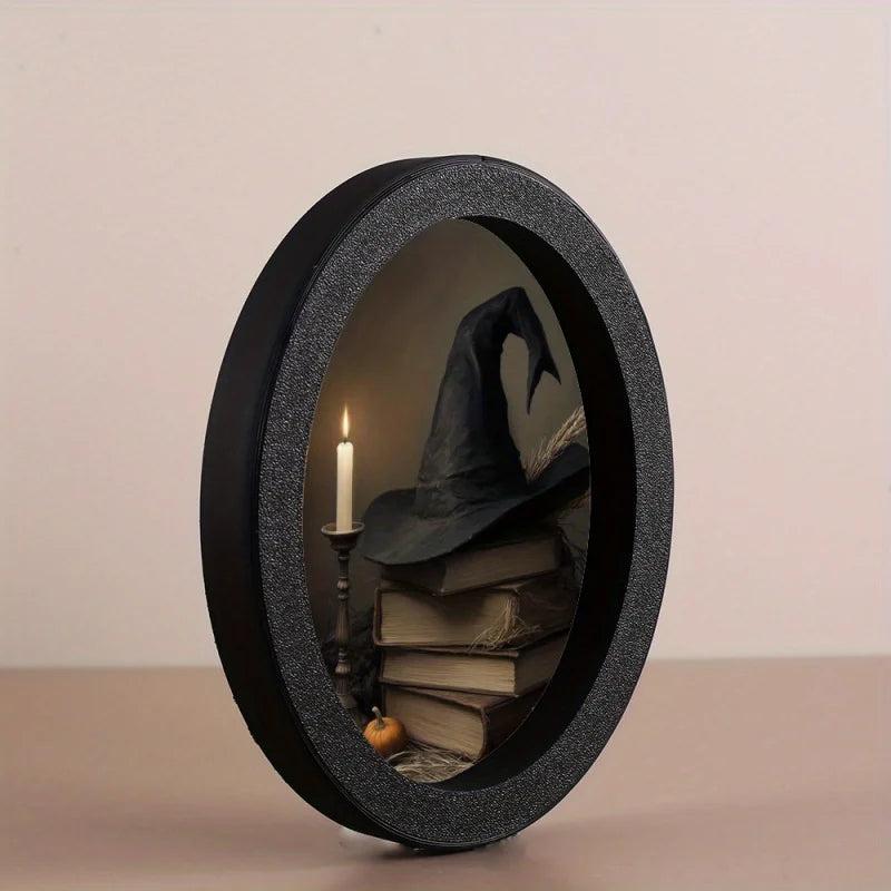 Witch Hat and Spell Books Wooden Oval Frame - Gothic Oval Wall Art - Halloween Wall Decoration-MoonChildWorld