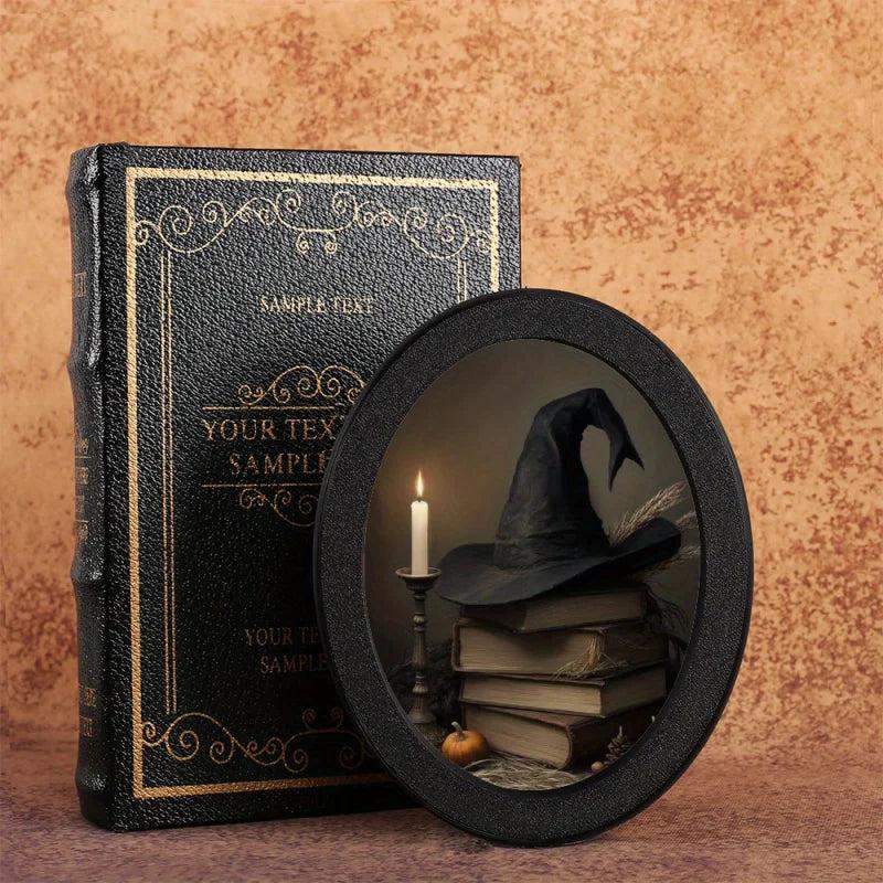 Witch Hat and Spell Books Wooden Oval Frame - Gothic Oval Wall Art - Halloween Wall Decoration-MoonChildWorld