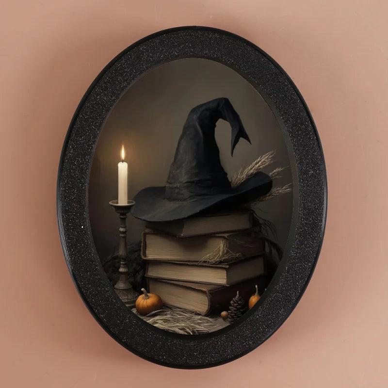 Witch Hat and Spell Books Wooden Oval Frame - Gothic Oval Wall Art - Halloween Wall Decoration-MoonChildWorld