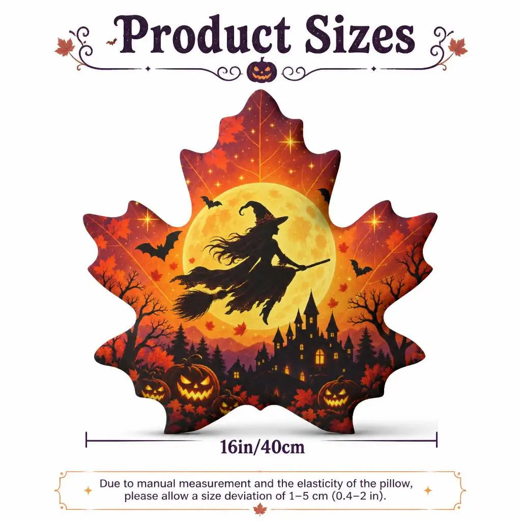 Size guide showing 16 inch / 40 cm: decorative plush pillow featuring maple leaf with witch, castle, moon and bat imagery