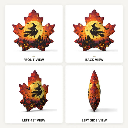 Front, back and side views: decorative plush pillow featuring maple leaf with witch, castle, moon and bat imagery