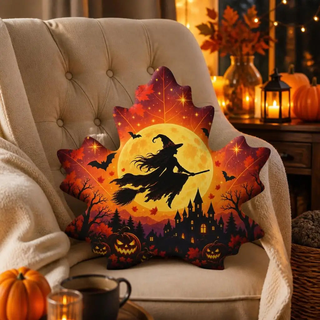 Alternate styled room view: decorative plush pillow featuring maple leaf with witch, castle, moon and bat imagery