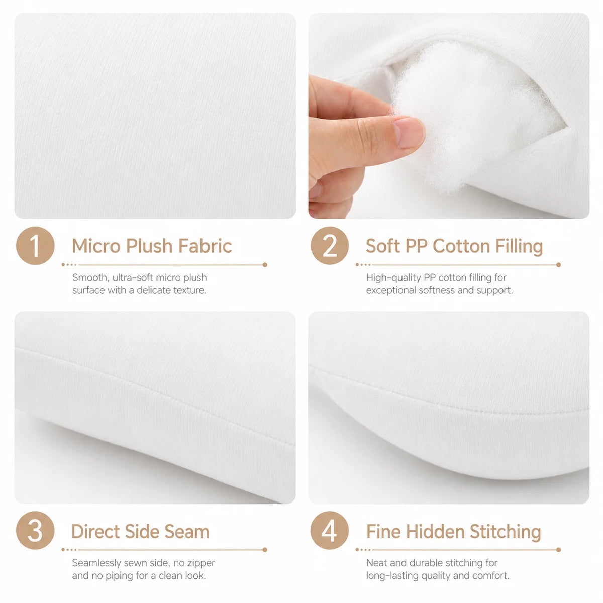 Construction detail showing plush fabric, PP cotton filling, side seams and concealed stitching