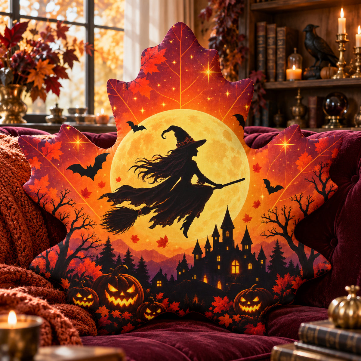 Witch Haunted Castle Maple Leaf Pillow in a witchy room