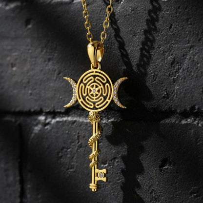 Witch Hecate Wheel Necklace Silver Snake Key Triple Moon Goddess Necklace Wicca Jewelry-MoonChildWorld