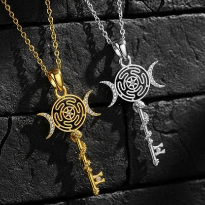 Witch Hecate Wheel Necklace Silver Snake Key Triple Moon Goddess Necklace Wicca Jewelry-MoonChildWorld