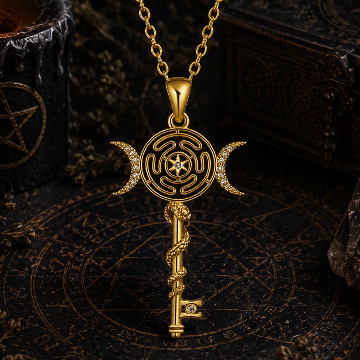Witch Hecate Wheel Necklace Silver Snake Key Triple Moon Necklace Wicca Jewelry-MoonChildWorld