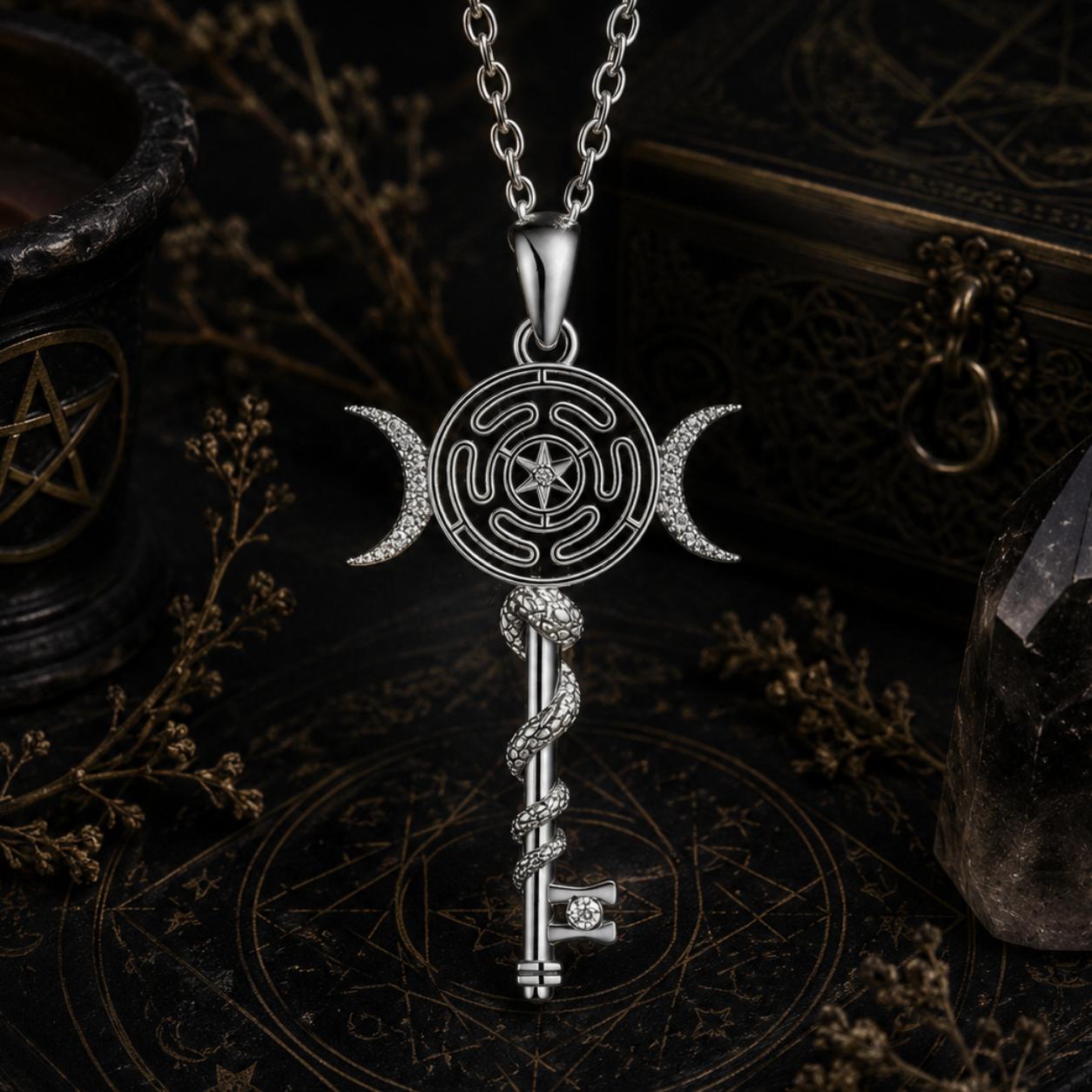 Witch Hecate Wheel Necklace Silver Snake Key Triple Moon Necklace Wicca Jewelry-MoonChildWorld
