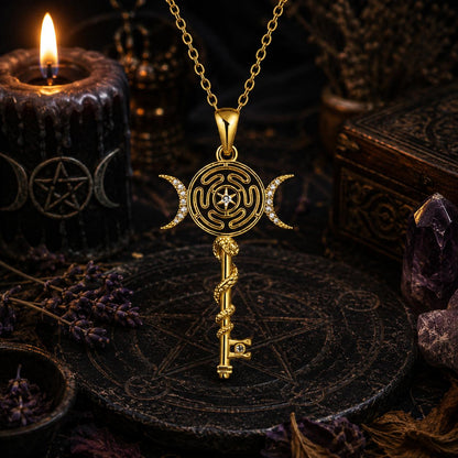 Witch Hecate Wheel Necklace Silver Snake Key Triple Moon Necklace Wicca Jewelry-MoonChildWorld