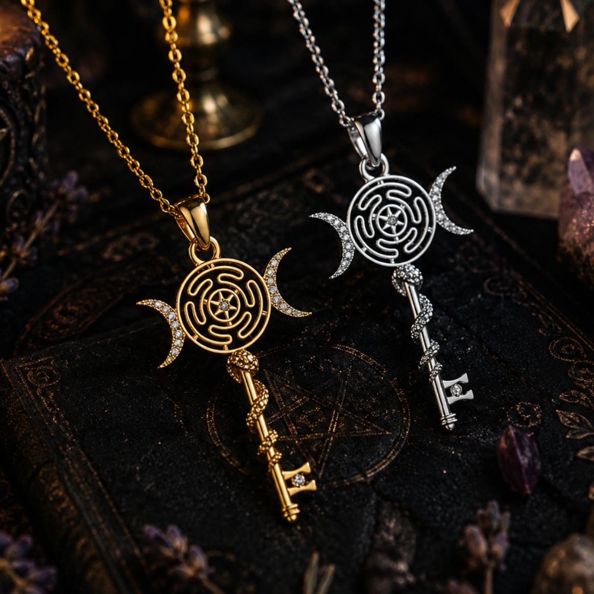 Gold and silver Hecate Wheel key necklaces with Triple Moon, snake, and cubic zirconia details.