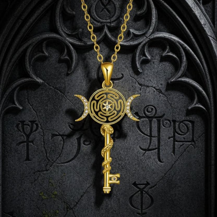 Witch Hekate Wheel Necklace Silver Snake Key Triple Moon Goddess Necklace Wicca Jewelry-MoonChildWorld
