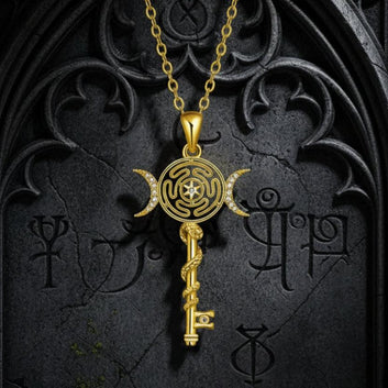 Witch Hekate Wheel Necklace Silver Snake Key Triple Moon Goddess Necklace Wicca Jewelry-MoonChildWorld