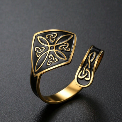 Witch knot ring worn – black enamel Celtic Wiccan protection amulet gold stainless steel