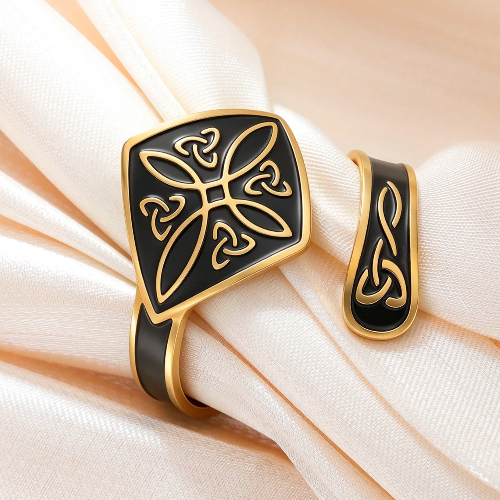 Celtic witch knot ring close-up black enamel – Pagan protection binding magic open band ring