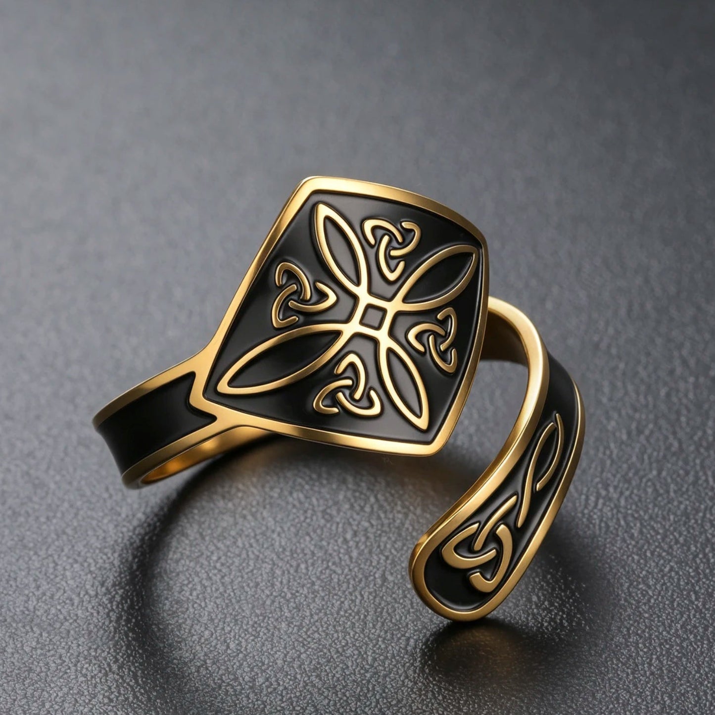 Witch knot Celtic protection ring black enamel stainless steel – Wiccan Pagan adjustable amulet jewellery