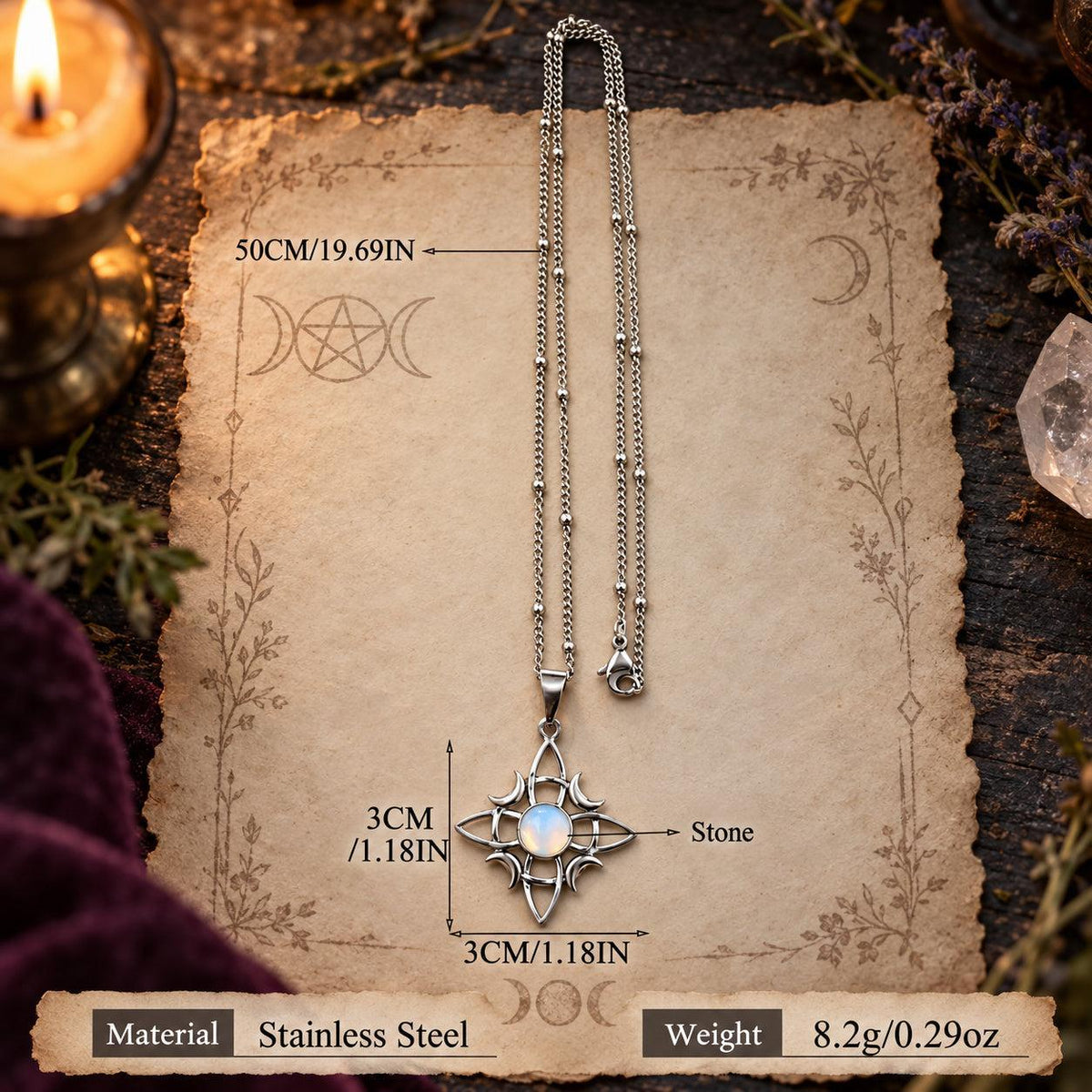 Witch knot moon necklace size chart showing pendant dimensions, chain length and weight in a witchy altar setting