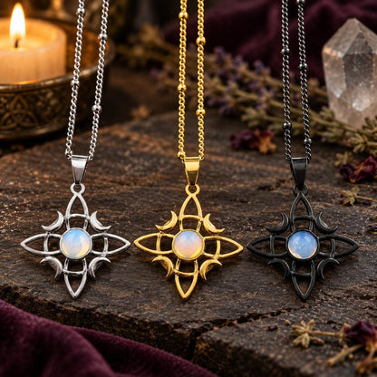 Witch knot moon necklaces with round stone centers shown in three metal finishes in a witchy altar setting