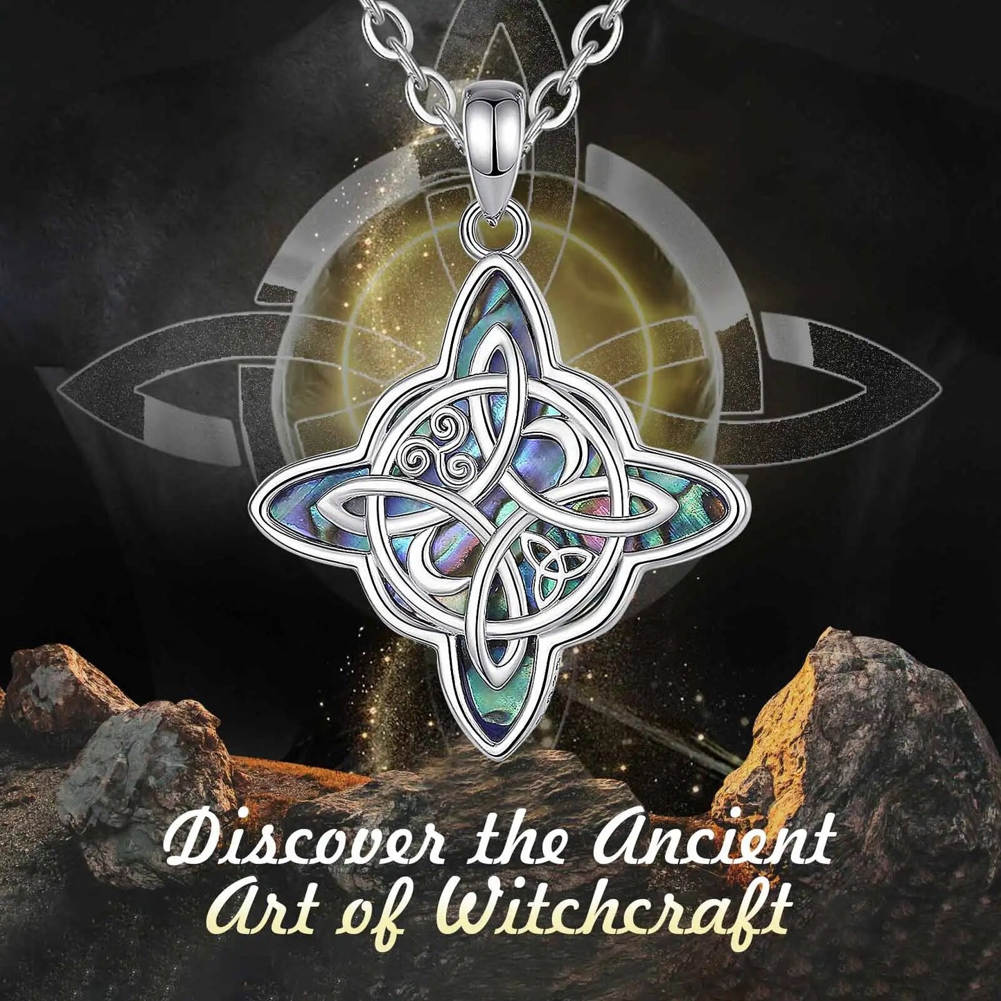 Sterling silver Witch Knot Moon necklace with iridescent abalone shell inlay, 35.7x26.4mm pendant.
