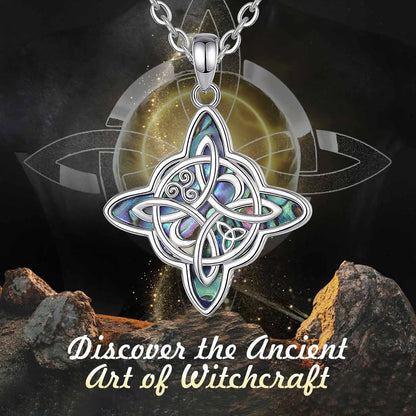Sterling silver Witch Knot Moon necklace with iridescent abalone shell inlay, 35.7x26.4mm pendant.