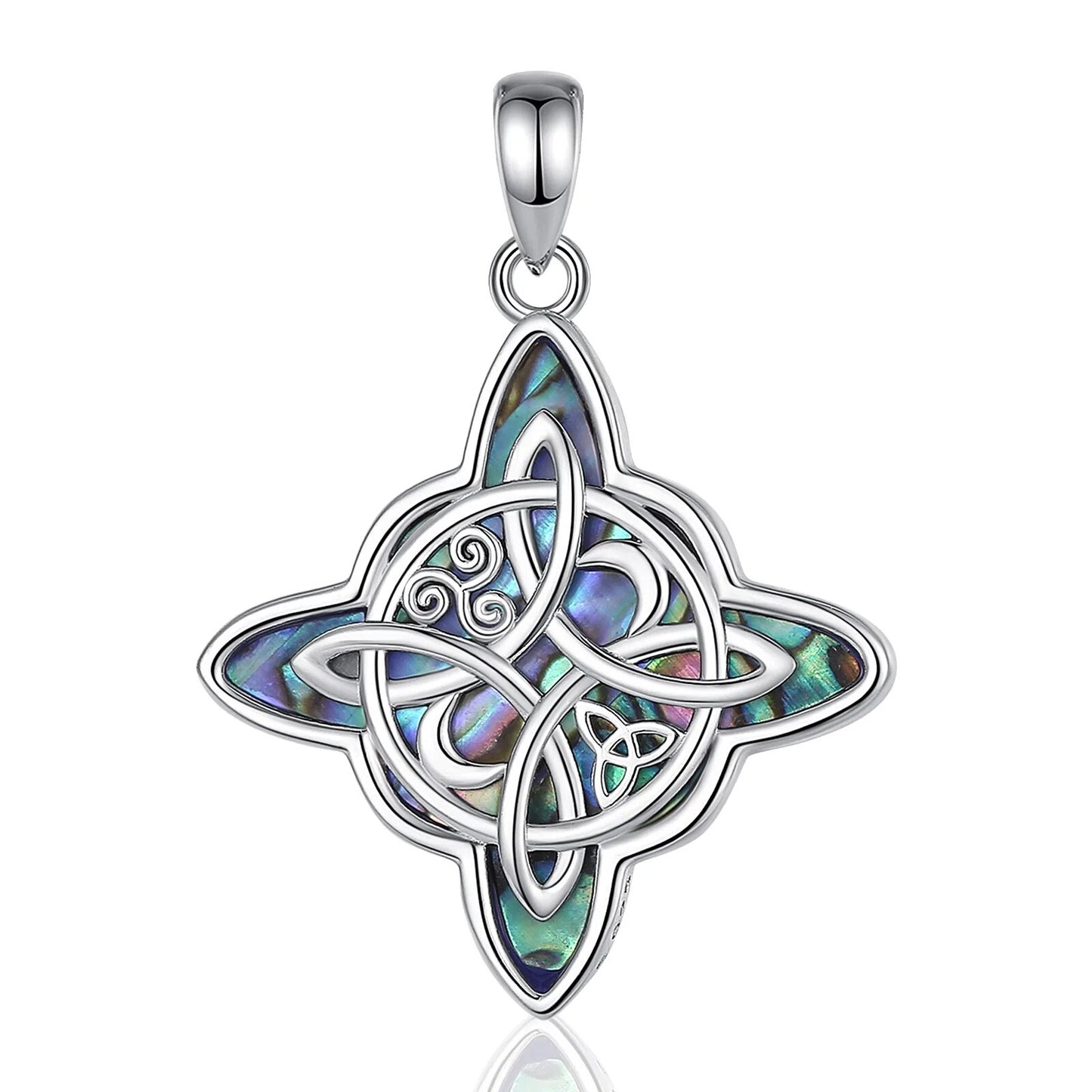 Sterling silver Witch Knot Moon pendant with iridescent abalone shell inlay, 35.7x26.4mm.