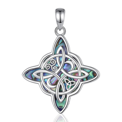 Sterling silver Witch Knot Moon pendant with iridescent abalone shell inlay, 35.7x26.4mm.