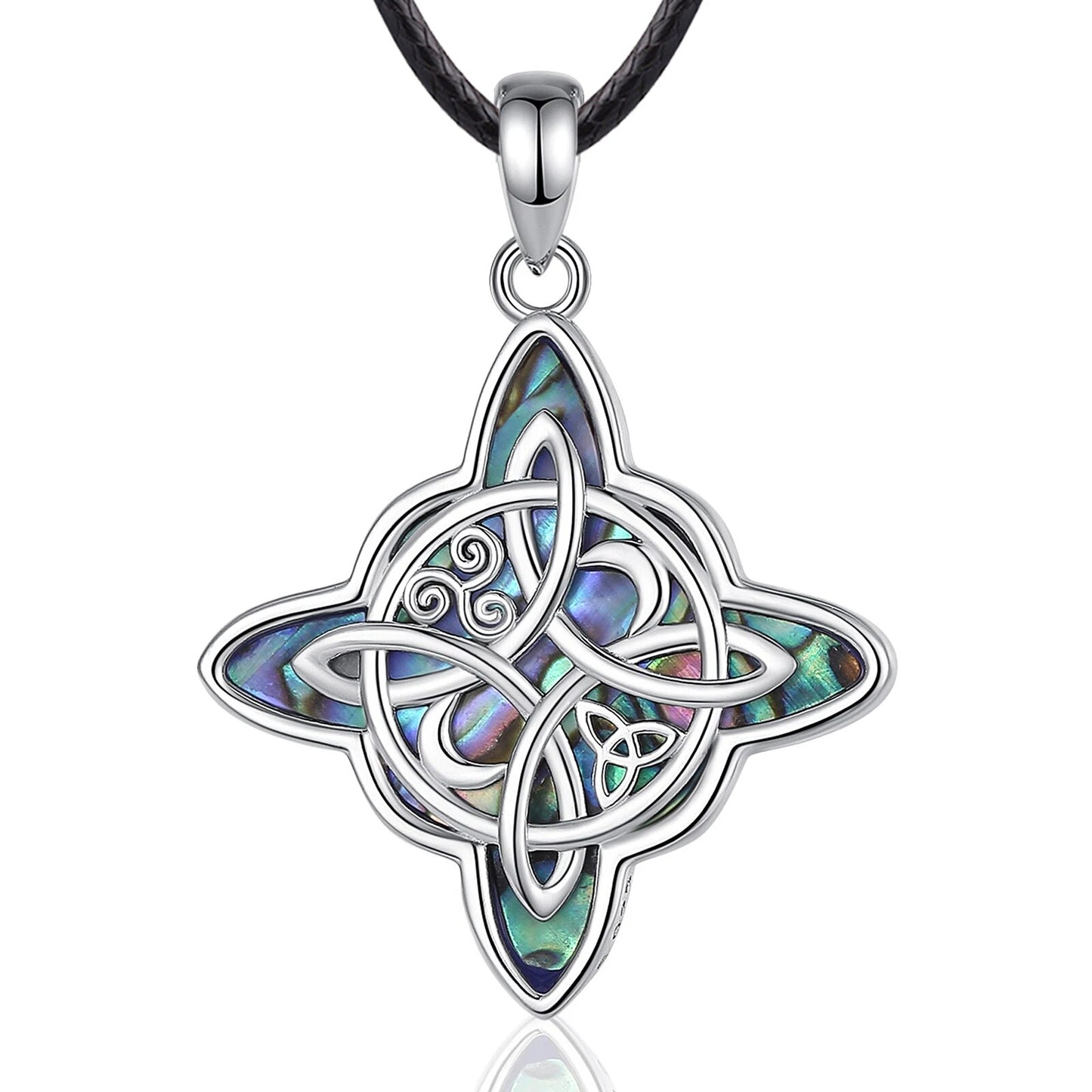 Sterling silver Witch Knot Moon pendant with iridescent abalone shell inlay on a black cord.