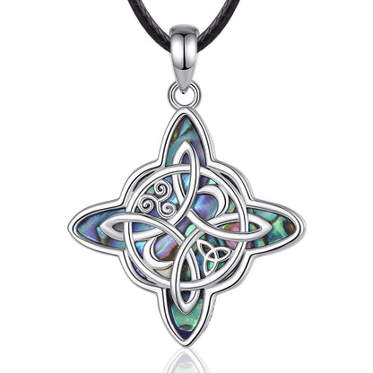 Sterling silver Witch Knot Moon pendant with iridescent abalone shell inlay on a black cord.