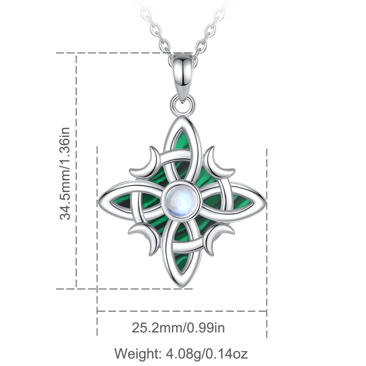 Pendant measurement diagram: Witch Knot Necklace in 925 Sterling Silver, featuring an interwoven witch knot, malachite detail and an artificial moonstone center.