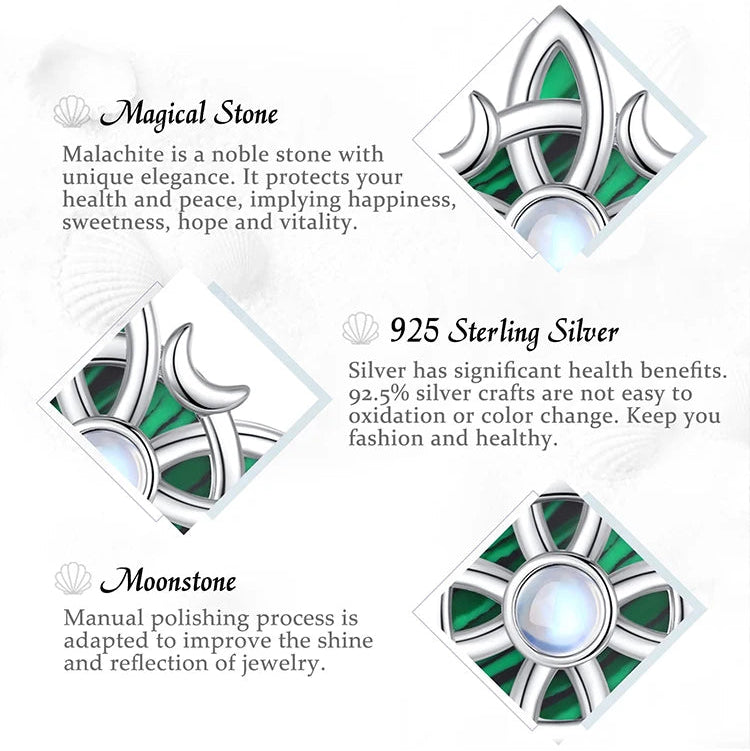 Pendant material and stone detail graphic: Witch Knot Necklace in 925 Sterling Silver, featuring an interwoven witch knot, malachite detail and an artificial moonstone center.