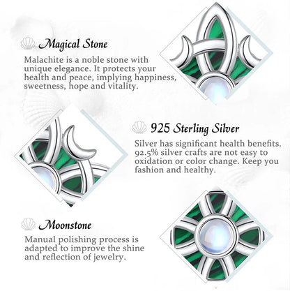 Pendant material and stone detail graphic: Witch Knot Necklace in 925 Sterling Silver, featuring an interwoven witch knot, malachite detail and an artificial moonstone center.