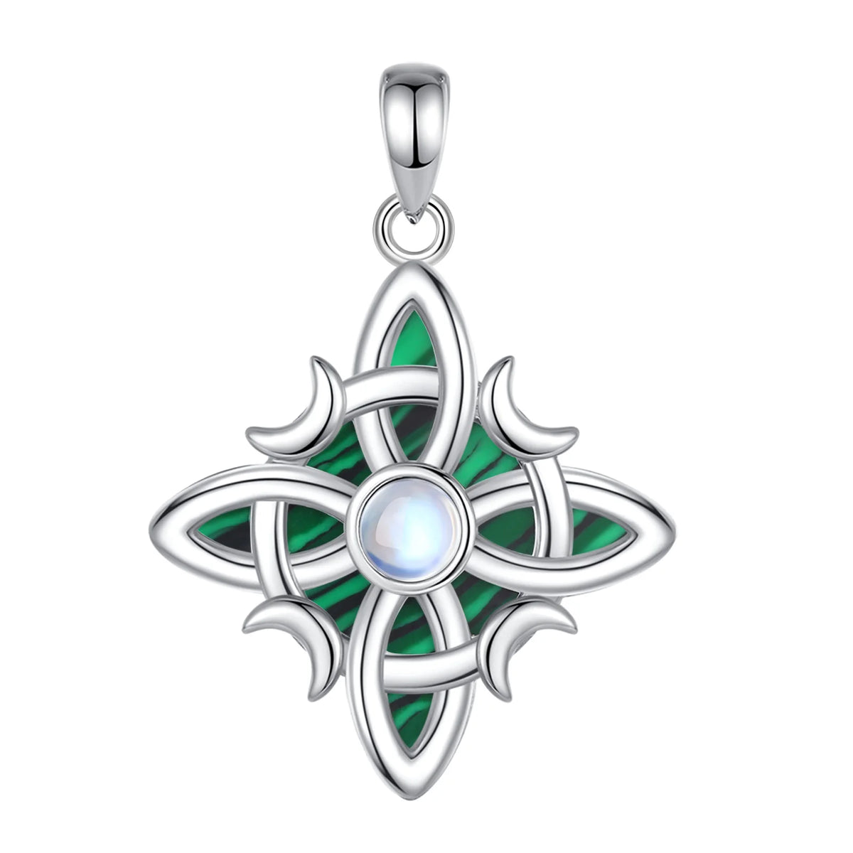 Witch knot pendant product view: Witch Knot Necklace in 925 Sterling Silver, featuring an interwoven witch knot, malachite detail and an artificial moonstone center.