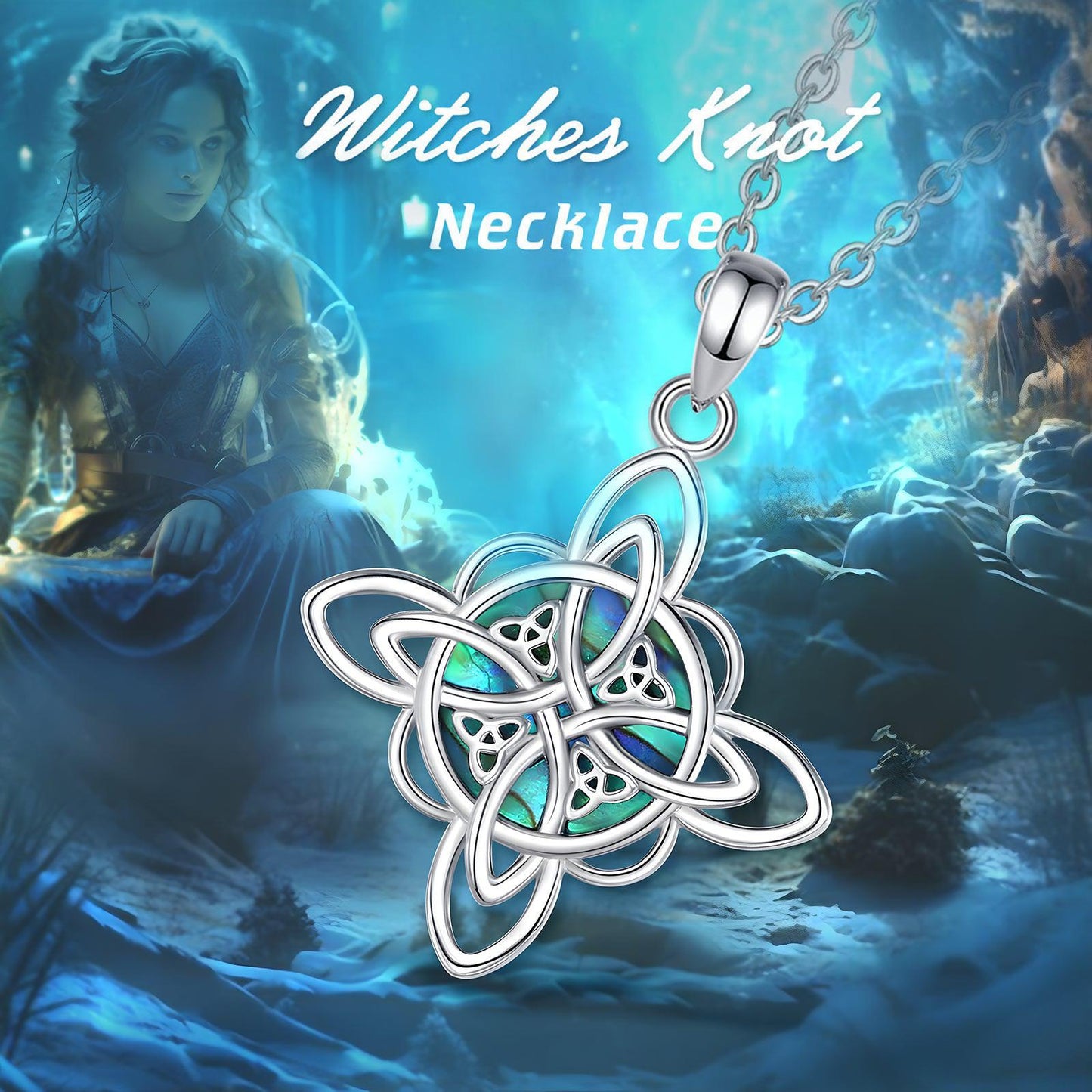 Sterling silver Witch Knot Necklace with iridescent abalone shell inlay, symbolizing protection and balance.