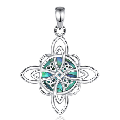 Sterling silver Witch Knot pendant with iridescent abalone shell, symbolizing protection and balance.