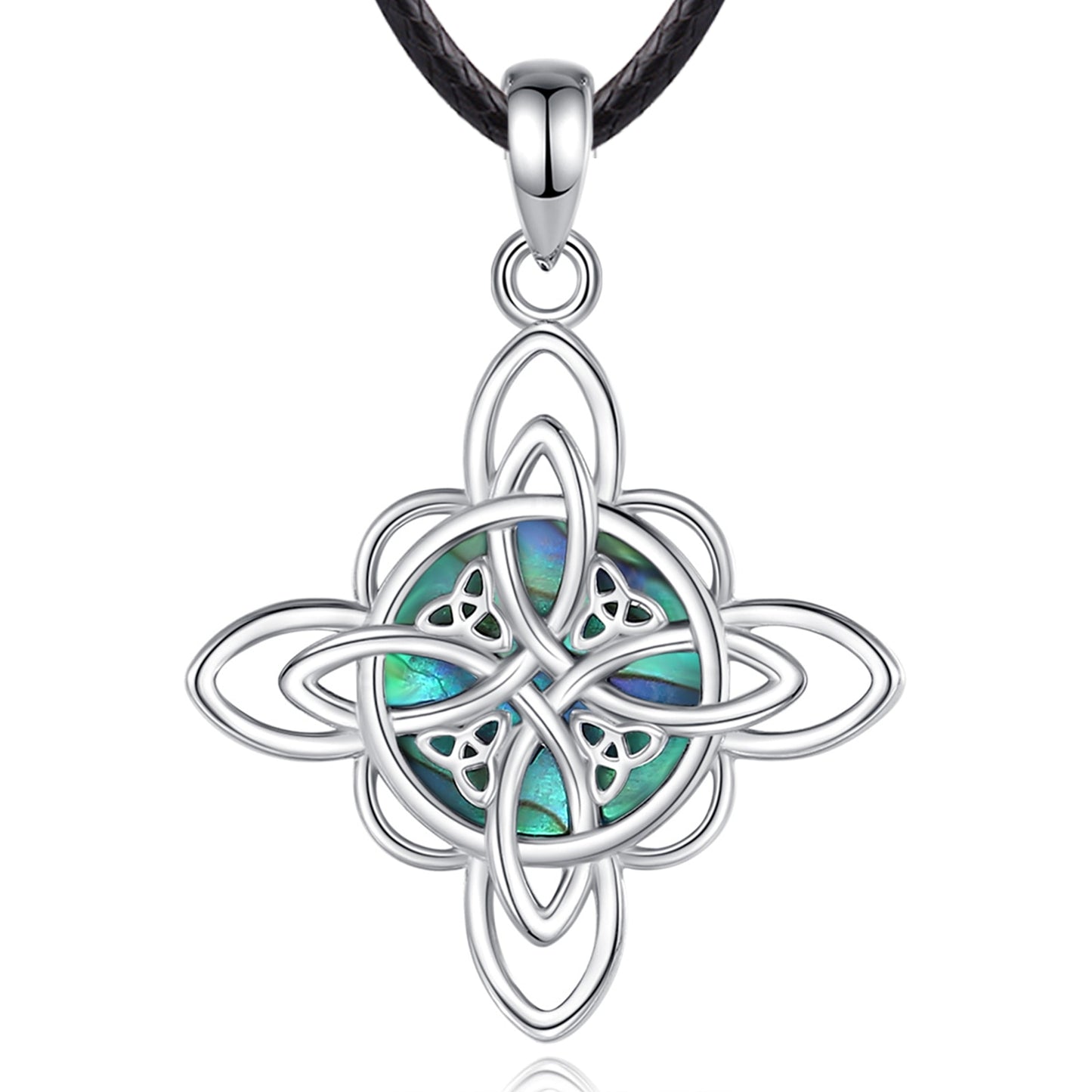 Sterling silver Witch Knot necklace with an iridescent abalone shell inlay on a black cord.