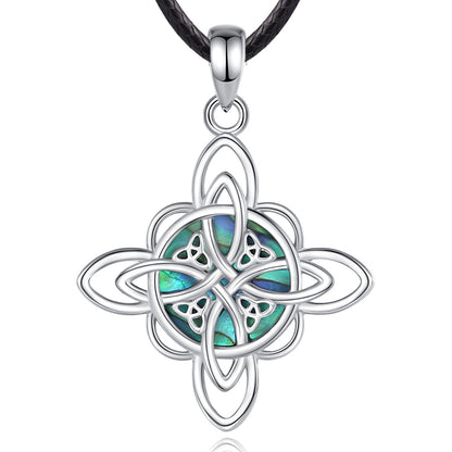 Sterling silver Witch Knot necklace with an iridescent abalone shell inlay on a black cord.