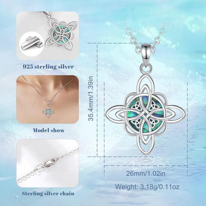Sterling silver Witch Knot necklace with an iridescent abalone shell inlay, showcasing its intricate design and size.