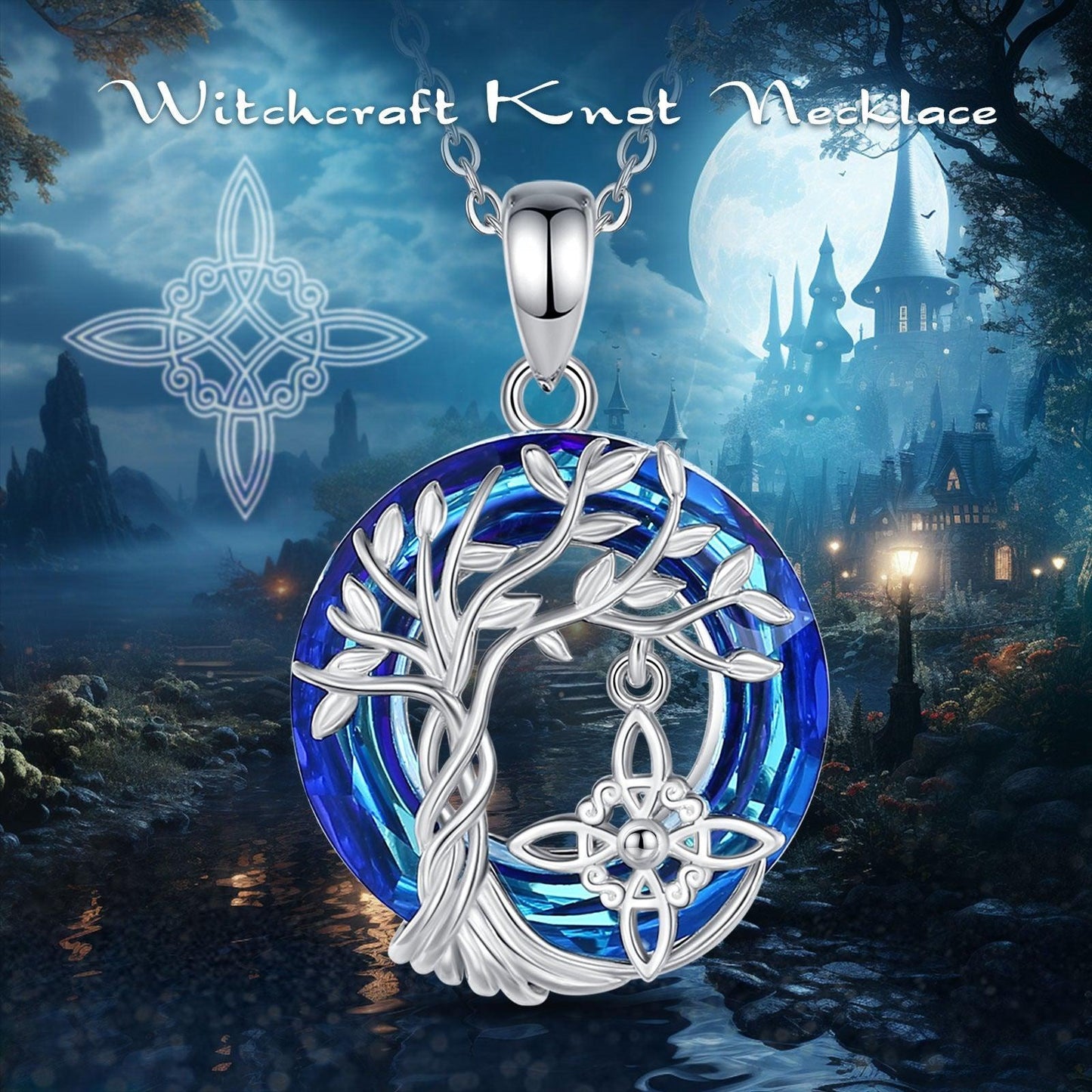 Sterling silver Witch Knot Tree of Life amulet necklace with a vibrant blue crystal.