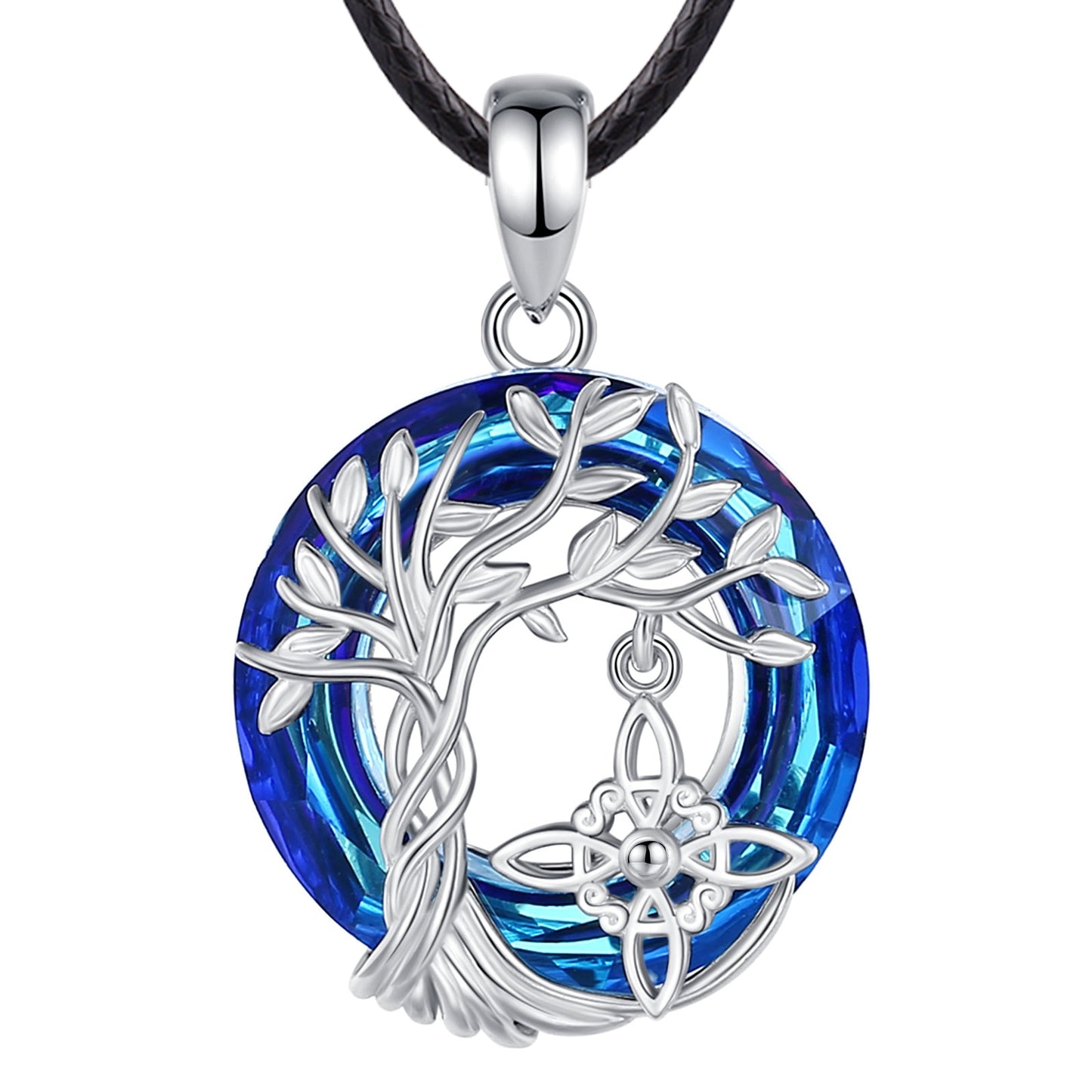 Sterling silver Witch Knot Tree of Life amulet necklace with a vibrant blue crystal and black cord.
