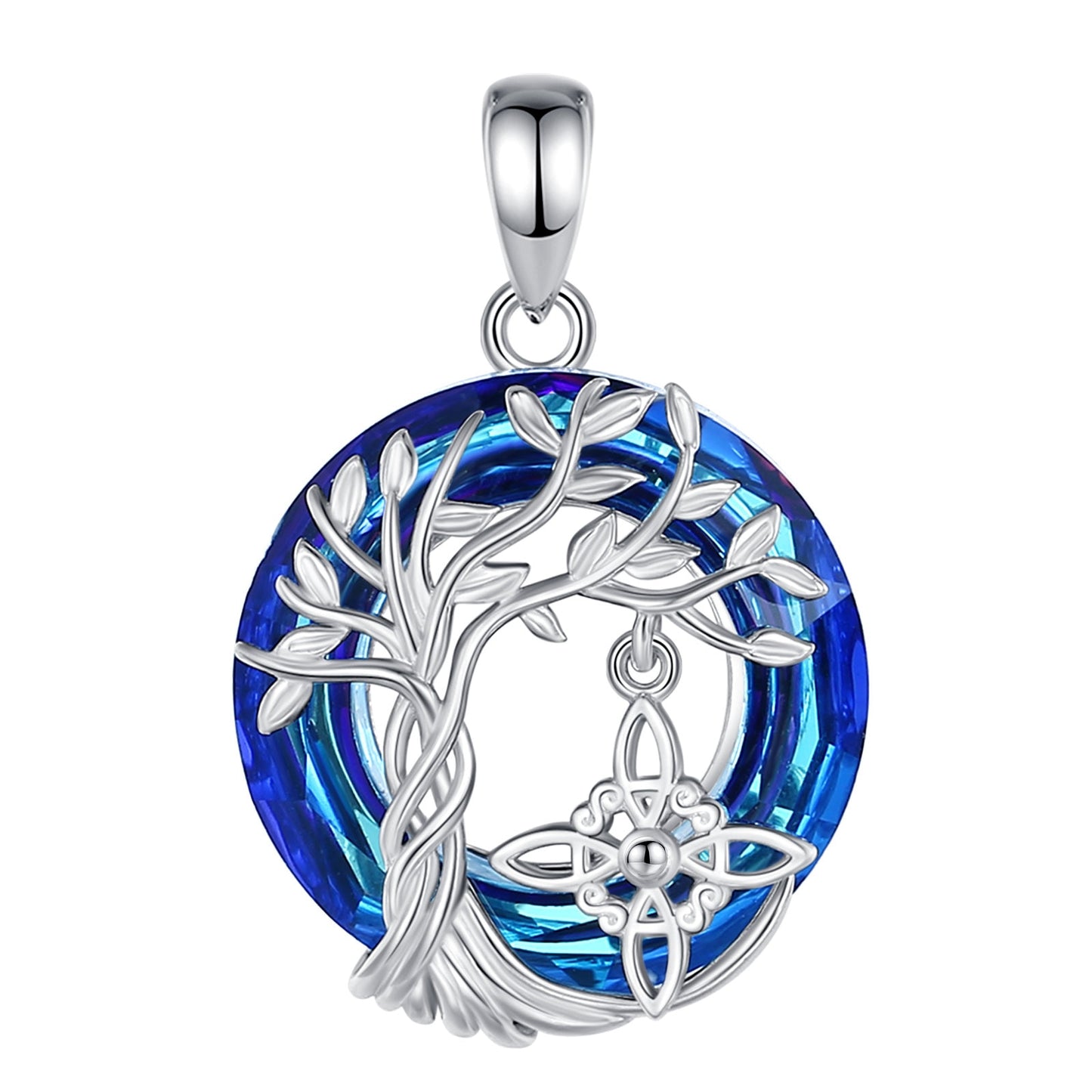 Sterling silver Witch Knot Tree of Life amulet pendant with a vibrant blue crystal background.
