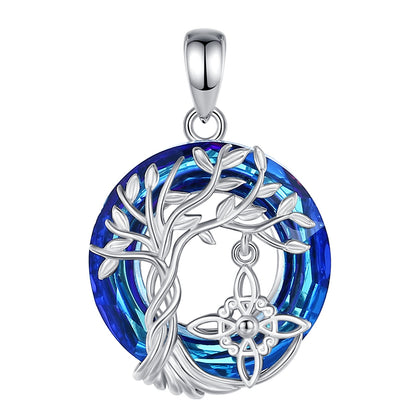 Sterling silver Witch Knot Tree of Life amulet pendant with a vibrant blue crystal background.