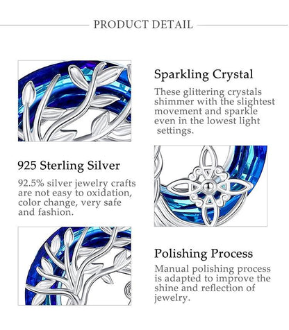 Sterling silver Witch Knot Tree of Life amulet necklace with sparkling blue crystal accents.