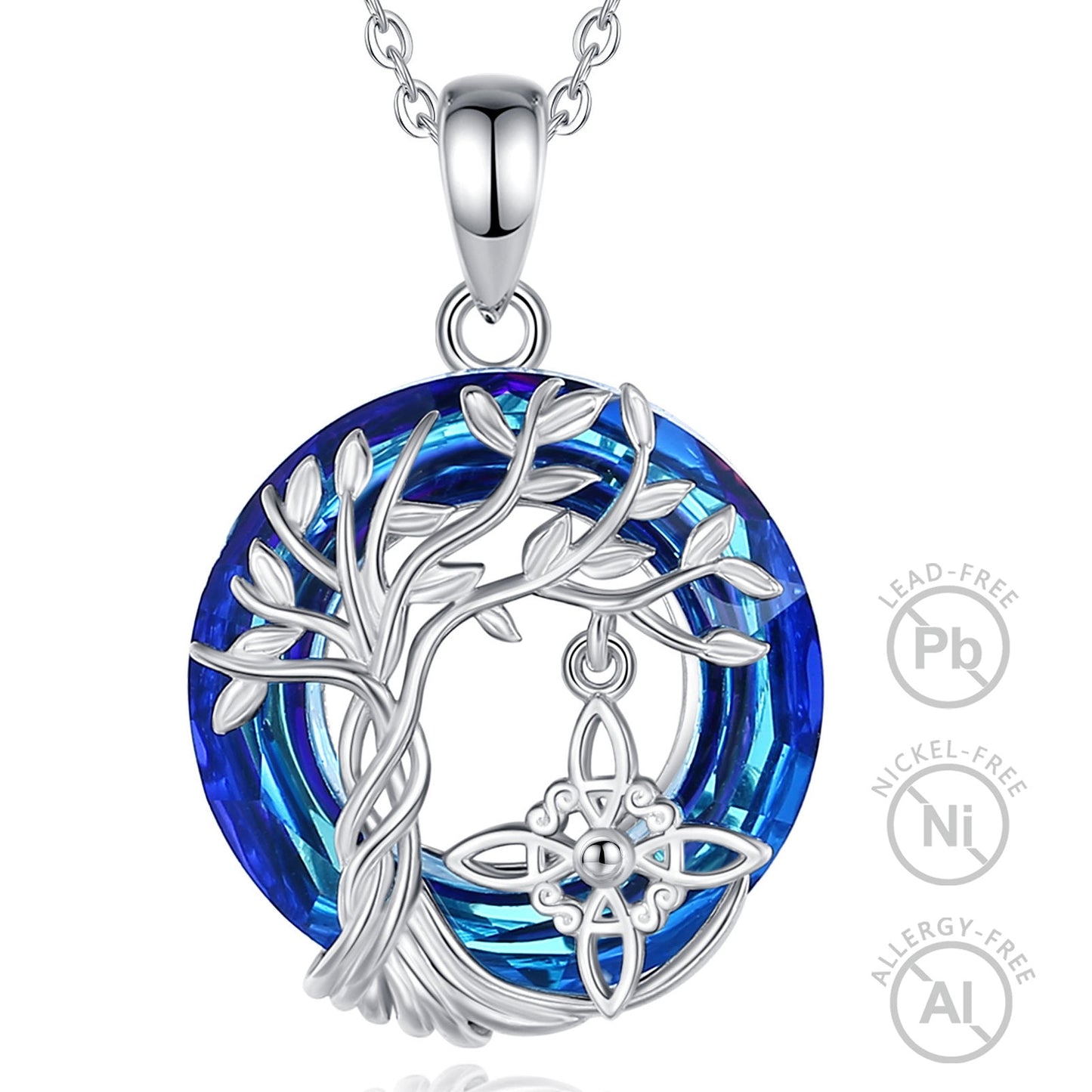 Sterling silver Witch Knot Tree of Life amulet necklace with a vibrant blue crystal, symbolizing protection and balance.