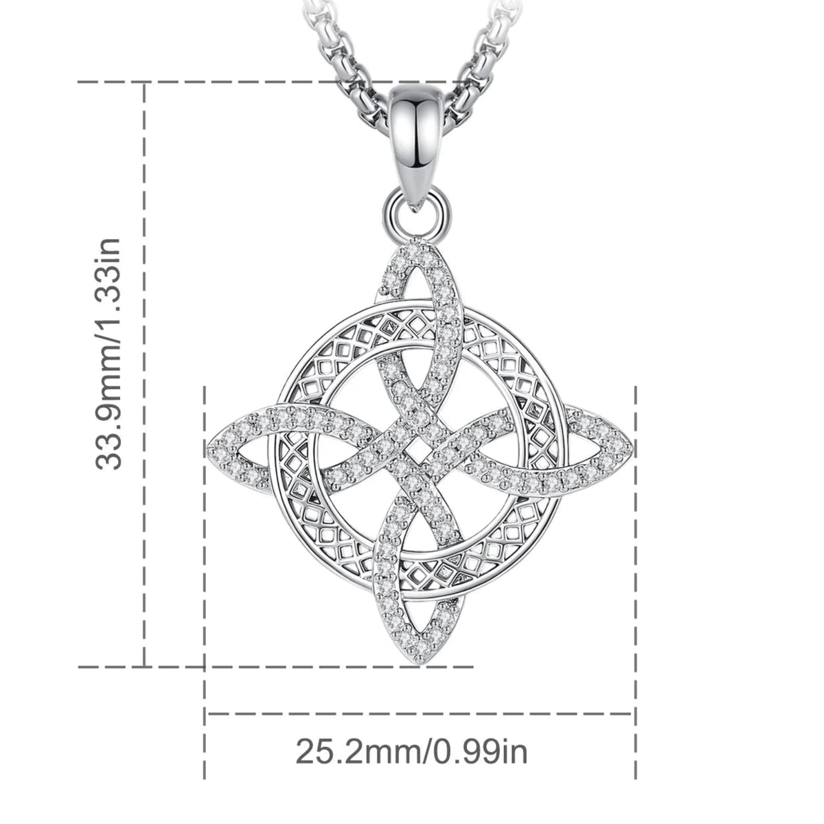 Dainty witch knot necklace worn at the collarbone